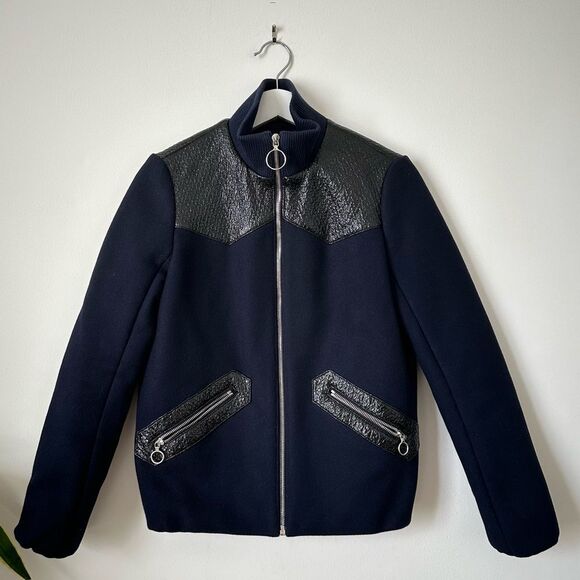 Maje Biker Blousson Zipper Wool Jacket in Deep Navy Size 36 - Picture 5 of 12